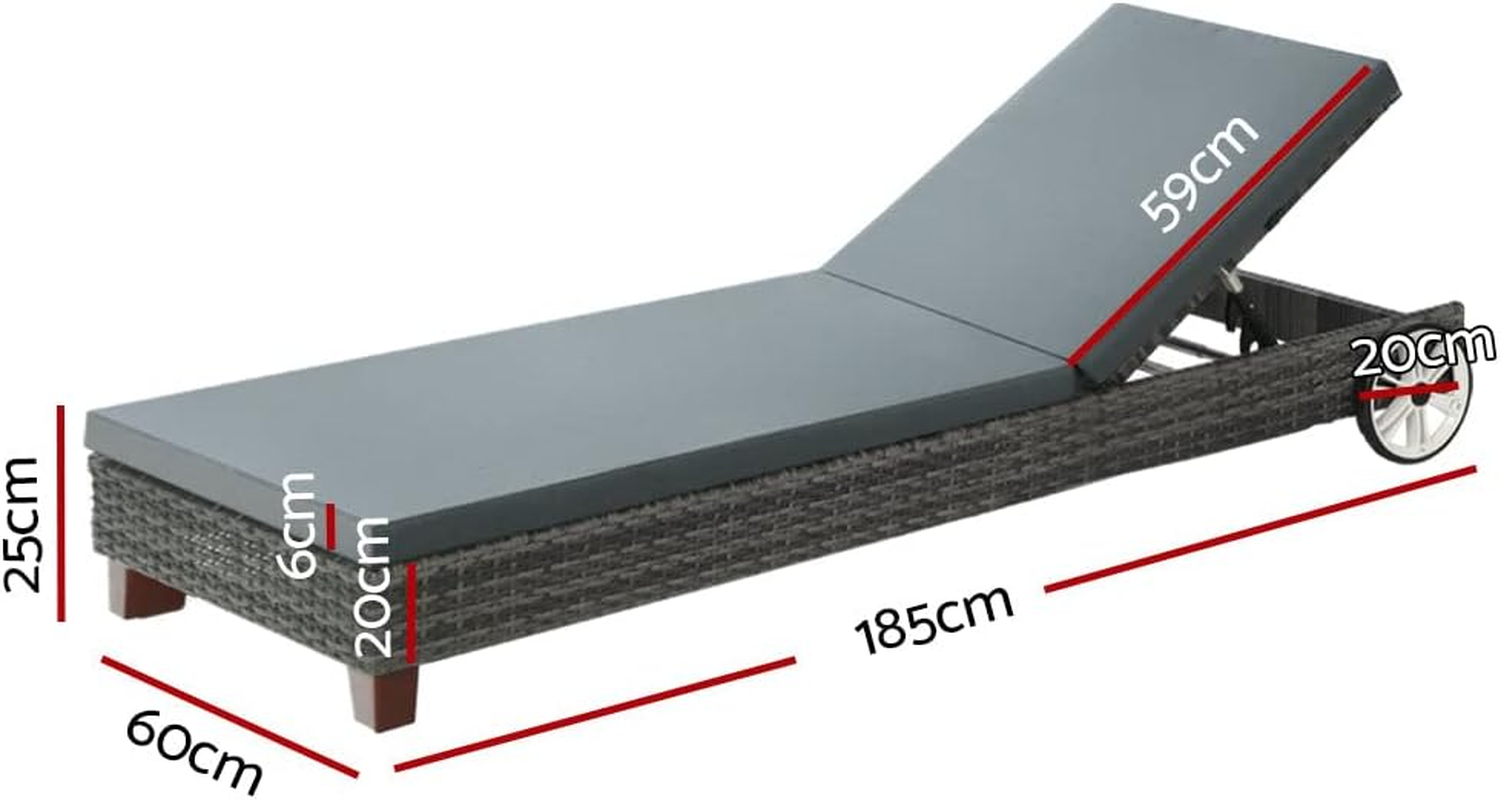 Gardeon Sun Lounge Camping Chair Wicker Lounger Rattan Day Bed, Chaise Beach Chairs Outdoor Furniture Garden Patio Setting Pool Backyard, with Wheels Cushion Adjustable Backrest Grey image number 6