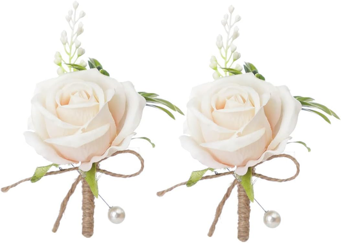 Ydseozoa Pack of 2 Corsage Wedding Boutonniere Artificial Roses Flowers Bouquet Brooch Decor for Bride Groom Wedding Prom Party Banquet Roses Boutonniere (White)