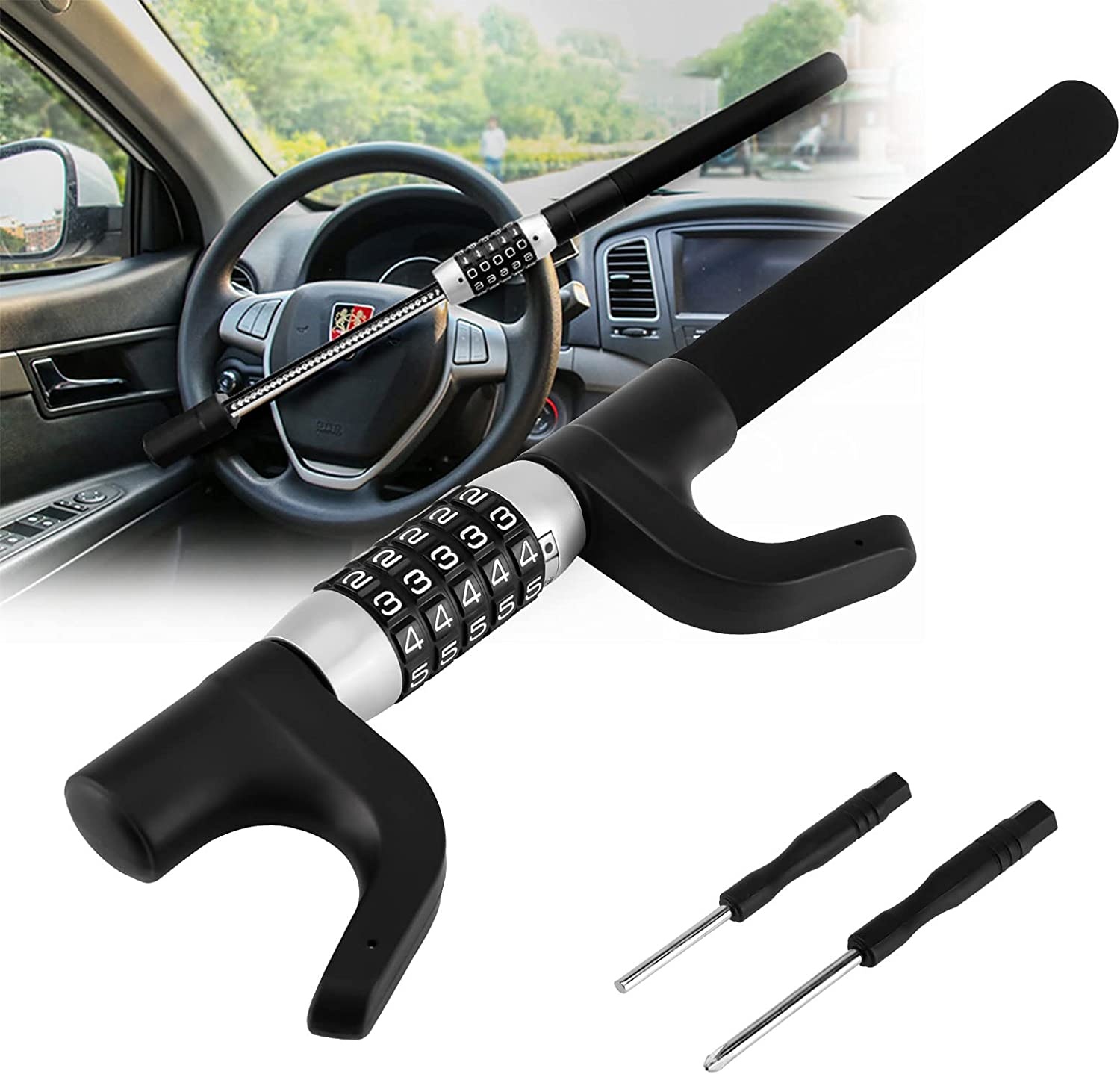 Steering Wheel Lock, Keyless Password 5 Coded Combination Lock, Heavy-Duty Protective Retractable Universal Model for Cars, Suvs, Vans, Trucks image number 5