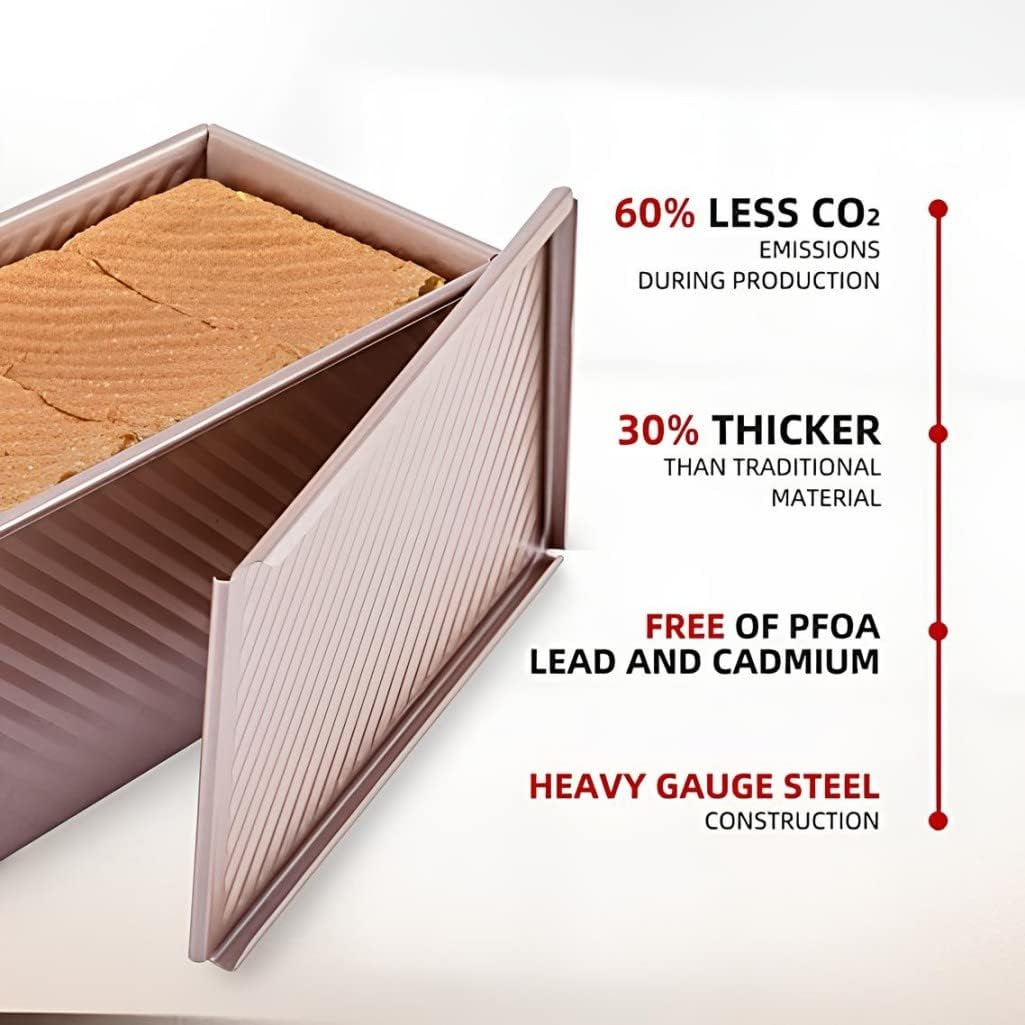 Kitment Loaf Pan with Lid, Bread Tin, 0.99Lb Non-Stick Carbon Steel Bread Bakeware Toast Mold Rectangle Corrugated Toast Box for Oven Baking with Bench Scraper, Oil Brush image number 1