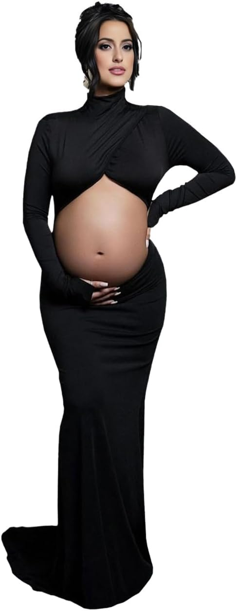 Justvh Women'S Maternity Crossover Mock Neck Photoshoot Dress Split Mermaid Maxi Photography Gown for Baby Shower image number 3