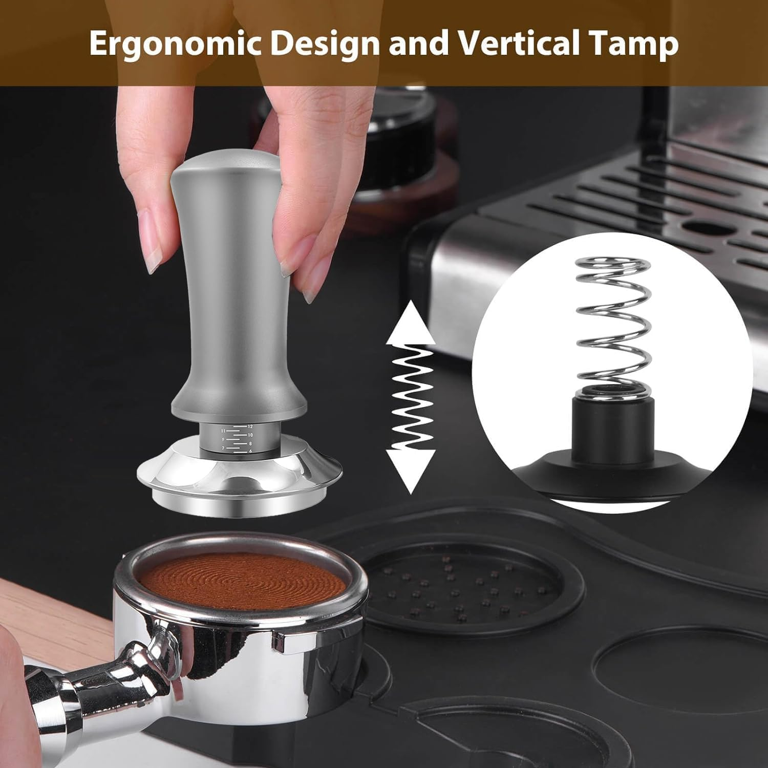 58Mm Espresso Coffee Tamper, Spring Loaded Tamper, Stainless Steel Barista Espresso Tamper, Calibrated Espresso Hand Tamper with Scale, for 58Mm Portafilter image number 2