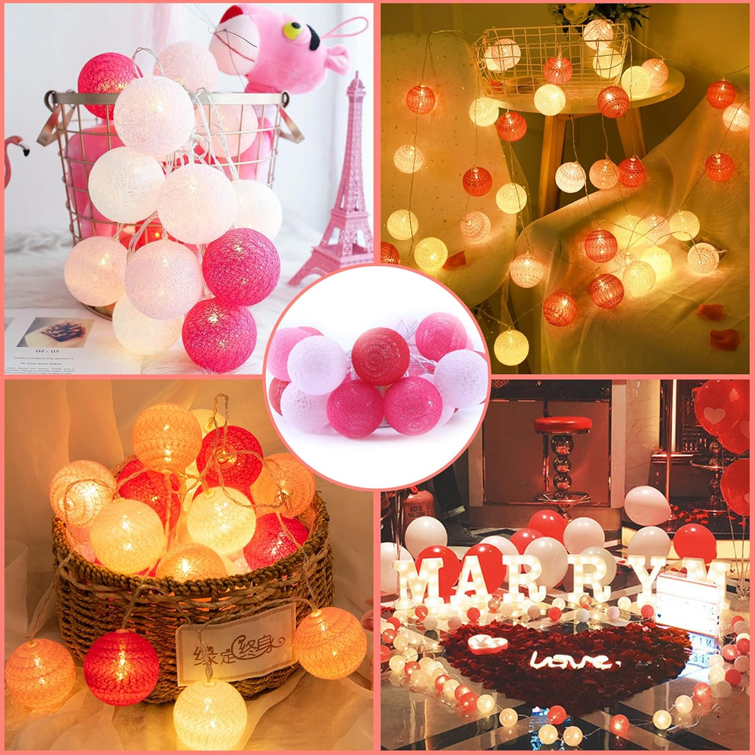 LED Fairy Lights, Cotton Balls, 300 Cm, 20 LED Balls Fairy Lights, Battery Operated, Cotton Ball Fairy Lights for Christmas, Wedding, Children'S Room, Party Decoration image number 3