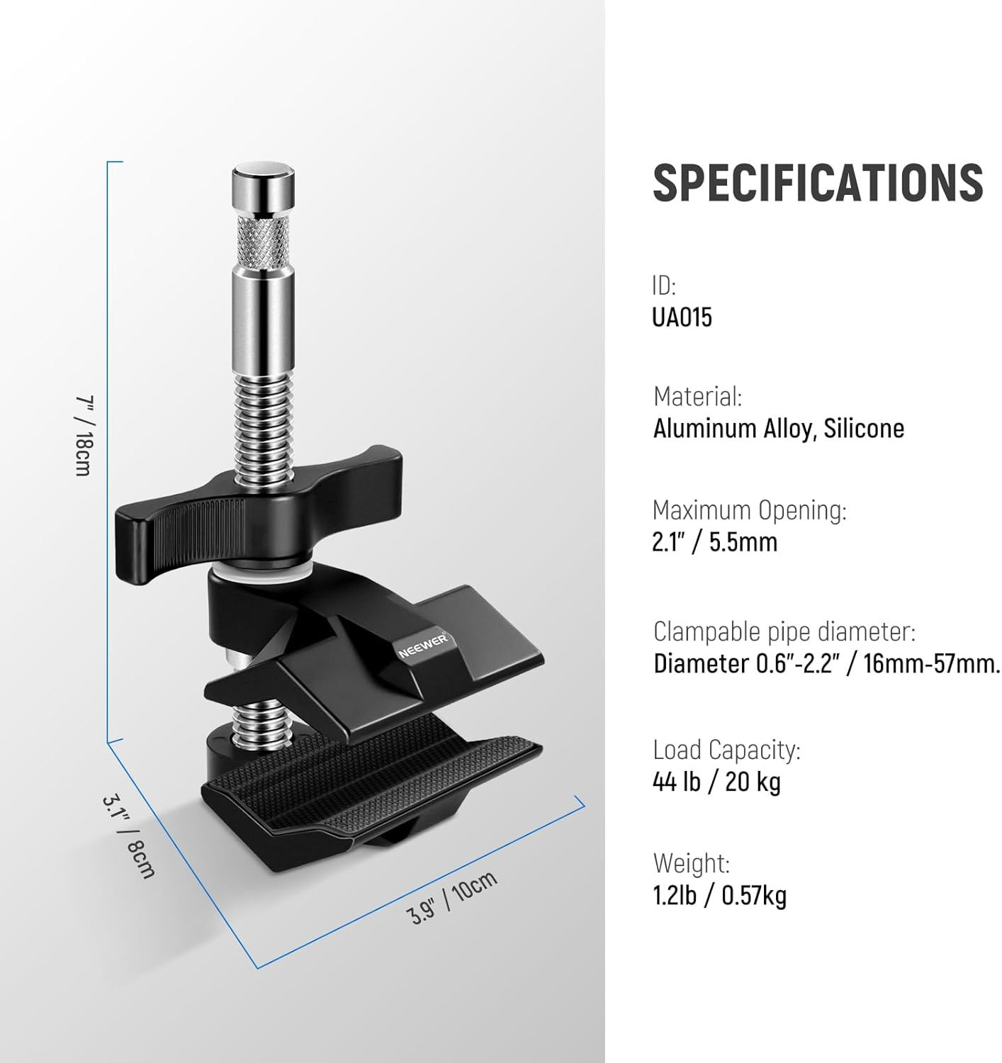 NEEWER 2" End Jaw Grip with 5/8" Stud, Steel Shaft End Pipe Grip Clamp with Adjustable Aluminum Jaws, Rubber Pads for C Stand, anti Twist, Spin Handle Easy Lock for LED Video Light Softbox, UA015 image number 6