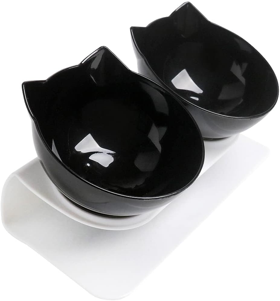 Cat Bowls Double Elevated with Raised Stand, 15&deg;Tilted Cat Bowl Design Neck Guard Stand Raised Pet Food Water Feeder Bowl for Indoor Cats and Small Dogs Kitten Dishes Rabbits (Black) image number 2