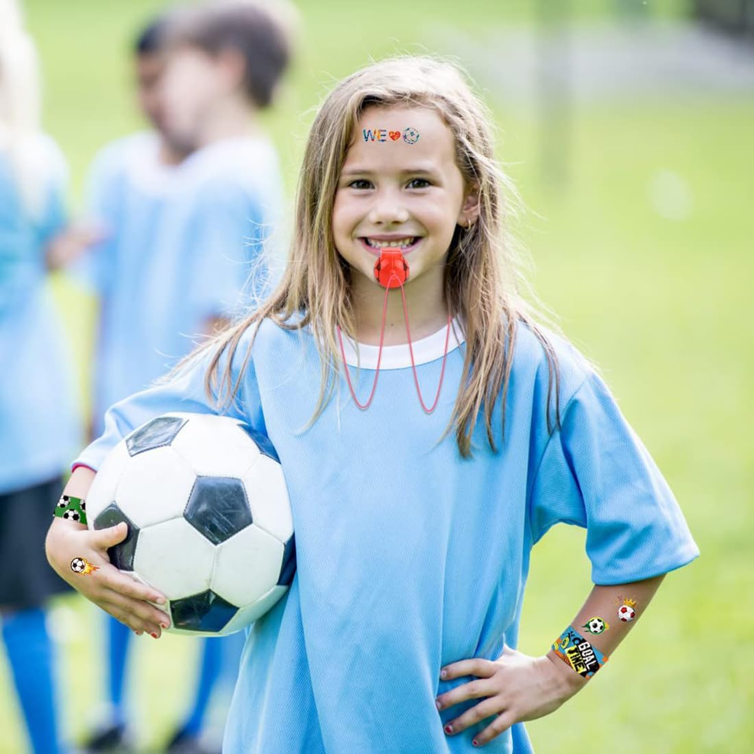 112 PCS Soccer Party Favors Set, Soccer Theme Party Supplies, Soccer Gifts Soccer Handbag Slap Bracelet Whistle Keychains Erasable Tattoos Stickers Gold Medal for Kids Party Favors image number 1