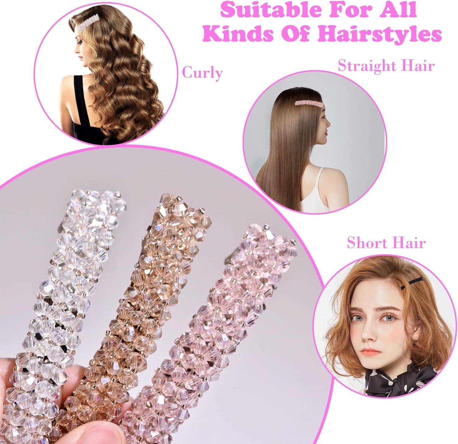 BSITSSS 4 Pieces Crystal Hair Barrettes for Women, Barrette Hair Clips Rhinestone, French Barrette Hair Clip, Shiny Hair Clips & Barrettes, Hair Clasps Bling Accessories for Ladies and Girls