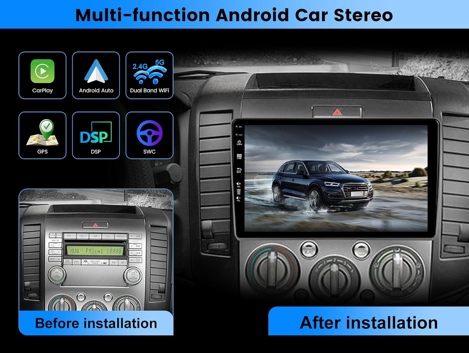 6G+128G - Android 14 IPS Car Stereo for Ford Ranger/Mazda BT50 J97M (2006-2011)/ Everest (2006-2013) - Wireless Carplay/Android Auto - Camera + MIC - 9&rsquo;&rsquo; 2 Din - DAB SWC Fast-Boot 360-CAM
