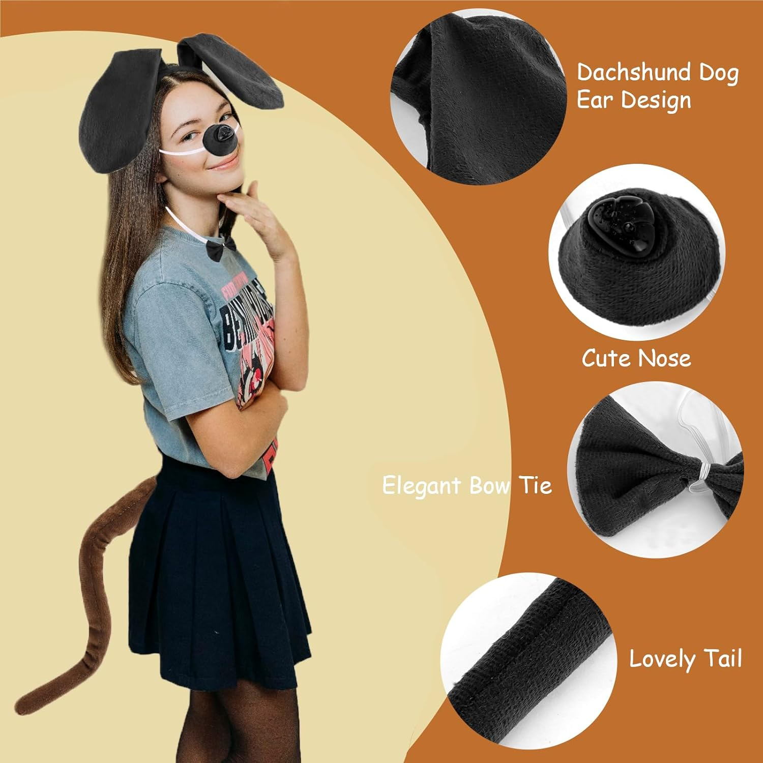 Hapdoo Dachshund Dog Costume Set Kids, Dog Ears Headband Tail Bow Tie Nose Dachshund Gifts, Puppy Animal Ears Costumes Party Accessories for Women Girls image number 3