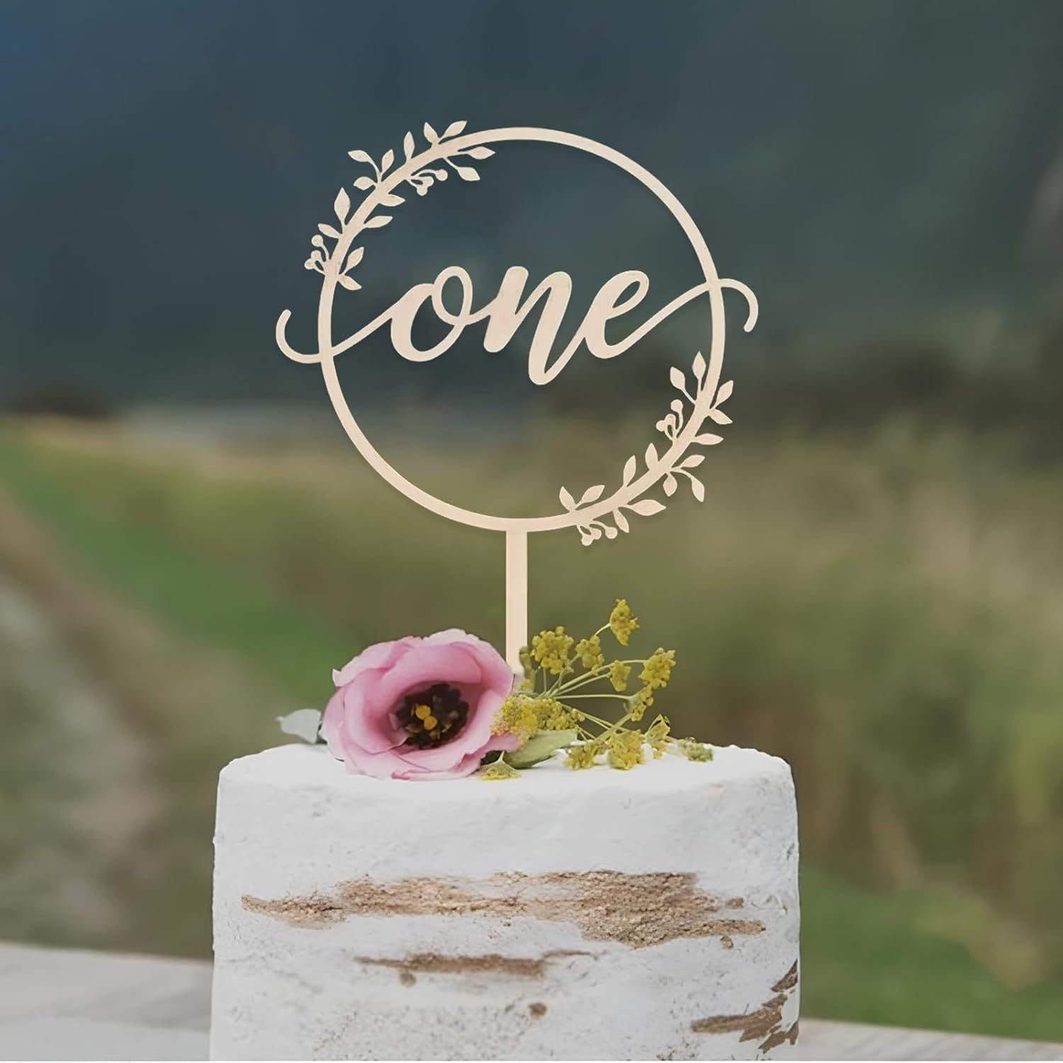 Wooden "One" Birthday Cake Decoration with Floral Garland Design - Wedding Anniversary Decoration - Suitable for Children or Adults as Birthday or Party Decoration image number 4