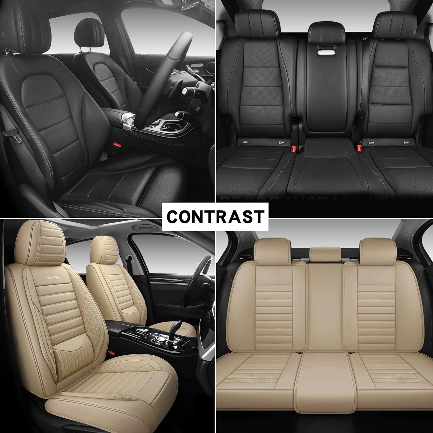 Fully Covered Automotive Car Seat Covers with Waterproof Nappa Leatherette Universal Fit for Most Cars Sedans Suvs and Pick-Up Trucks with 5 Seats (Beige, Full Set) image number 2