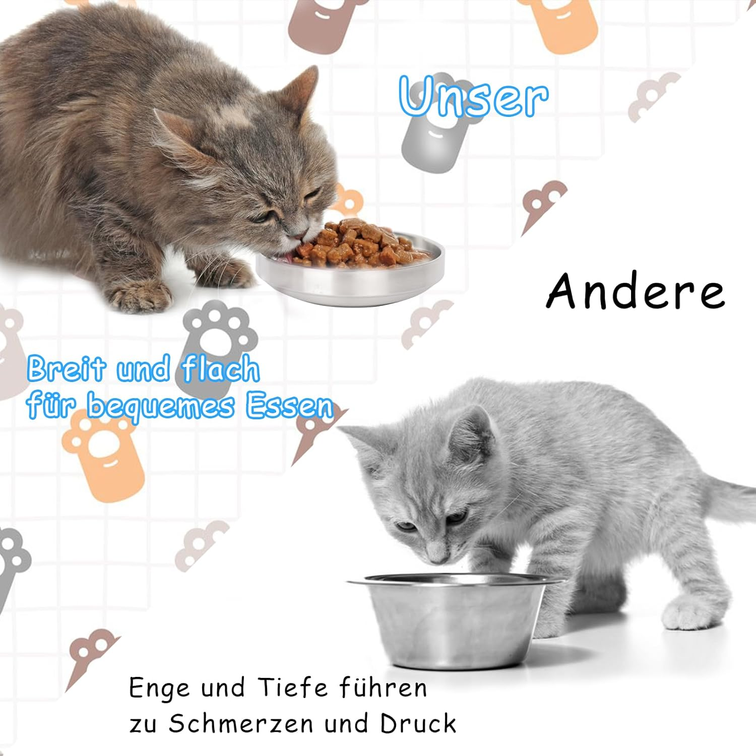 Lollanda Cat Bowl, Flat Stainless Steel, 2 X Feeding Bowls, Cat Stainless Steel, Cat Bowls, Metal 304, Feeding Bowl, Cat Bowl, Drop-Proof, Easy to Clean