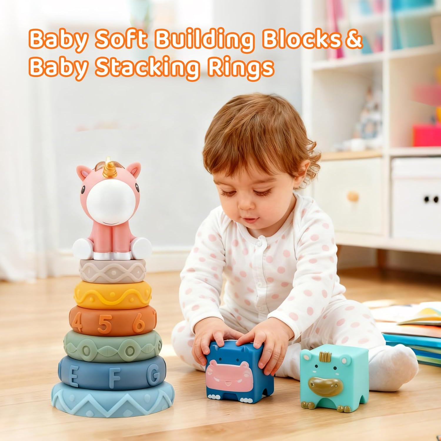 Baby Toys 6-12 Months, 5 in 1 Montessori Toys for Baby, Infant Soft Building Blocks, Stacking Rings, Pull String, Tissue Box and Shape Sorter Cube Toy, Toddlers Aged 1-3 image number 5