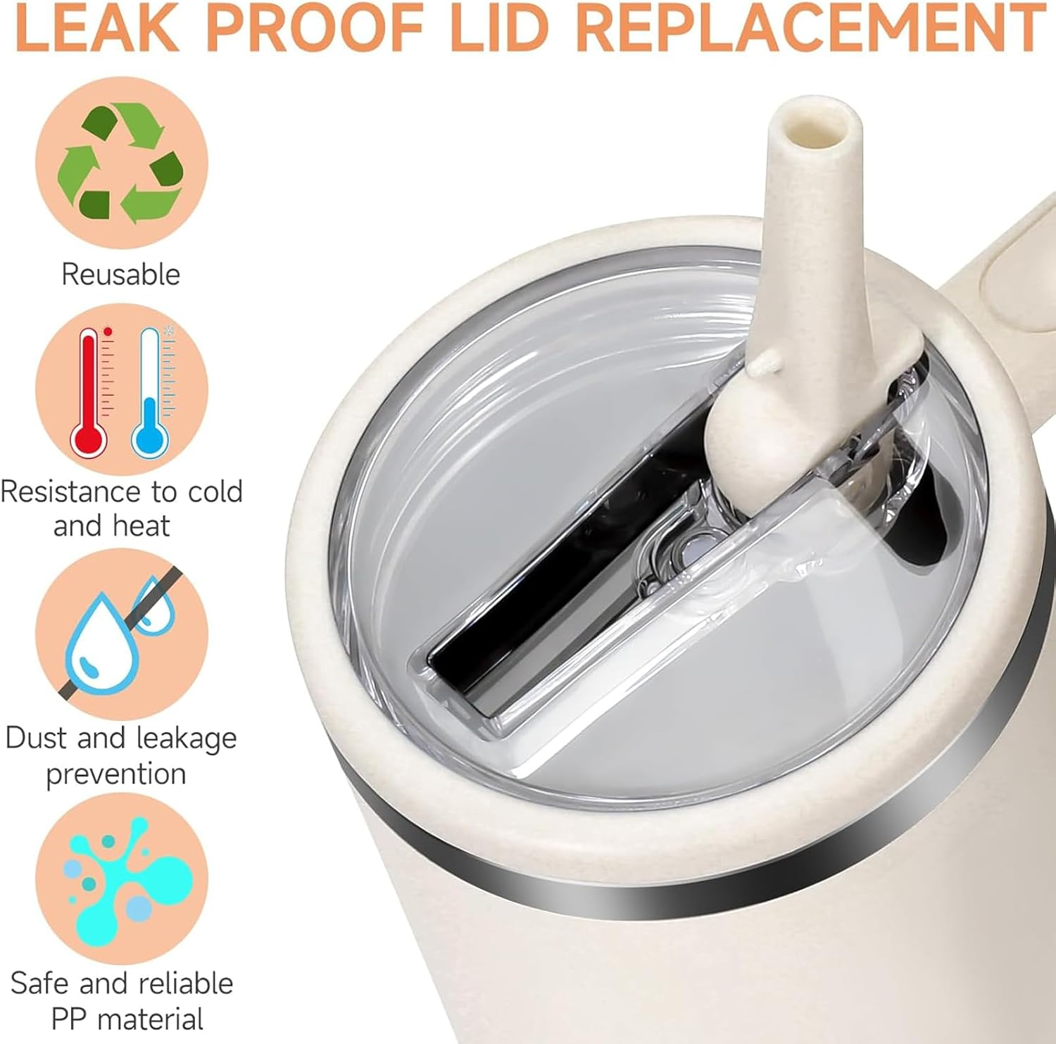 40 Oz Tumbler Flip Straw Lid Replacement Fit for Stanley Quencher, Leak-Proof Splash Resistant Tumbler Lids,Reusable Tumbler Cover for Stanley Cup (2 Pack Cream White) image number 1