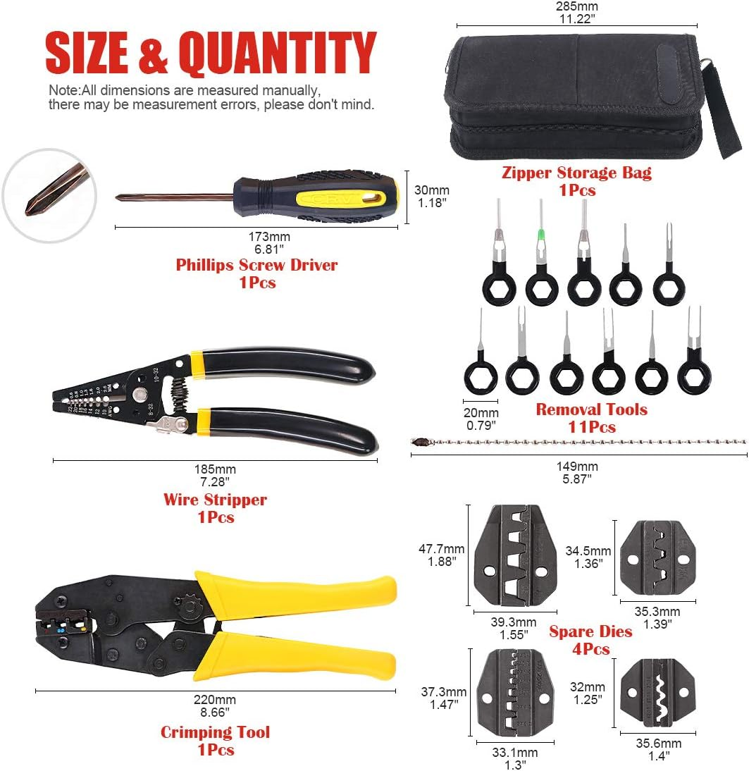Hilitchi 4 Pcs Wire Crimping Tool Kit Terminal Ratchet Plier with 5 Interchangeable Dies, Wire Cutter/Stripper, Screwdriver, Terminal Removal Tool Key for Insulated Non-Insulated Terminals or Ferrules image number 2