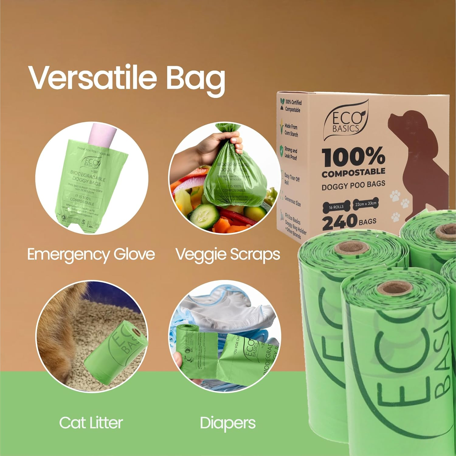 Eco Basics 100% Compostable Dog Poo Bags, 16 Rolls 240 Count, OK Compost Certified Thick Leak Proof Dog Waste Poo Bags 22 X 33 Cm, Unscented Doggy Poop Bag