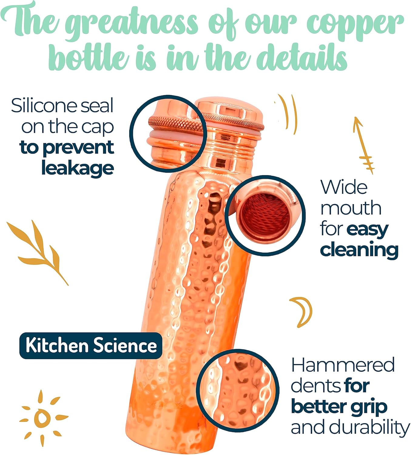 Kitchen Science Copper Water Bottle (32Oz/950Ml) W/A Carrying Canvas Bag | 100% Pure Copper Bottle for Drinking Water | Lab-Tested, Heavy Duty & Leak-Proof | Authentic Ayurvedic Copper Water Bottle image number 4