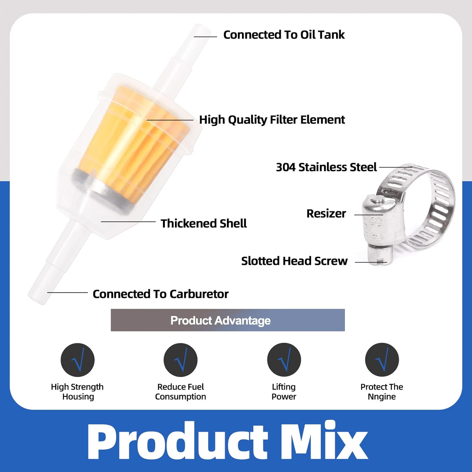 Glarks 20Pcs 1/4" X 5/16" Gas Inline Fuel Filters with Worm Gear Hose Clamps Assortment Kit for Most Small Engines Compatible with Kawasaki Kohler Briggs Stratton John Deere image number 2