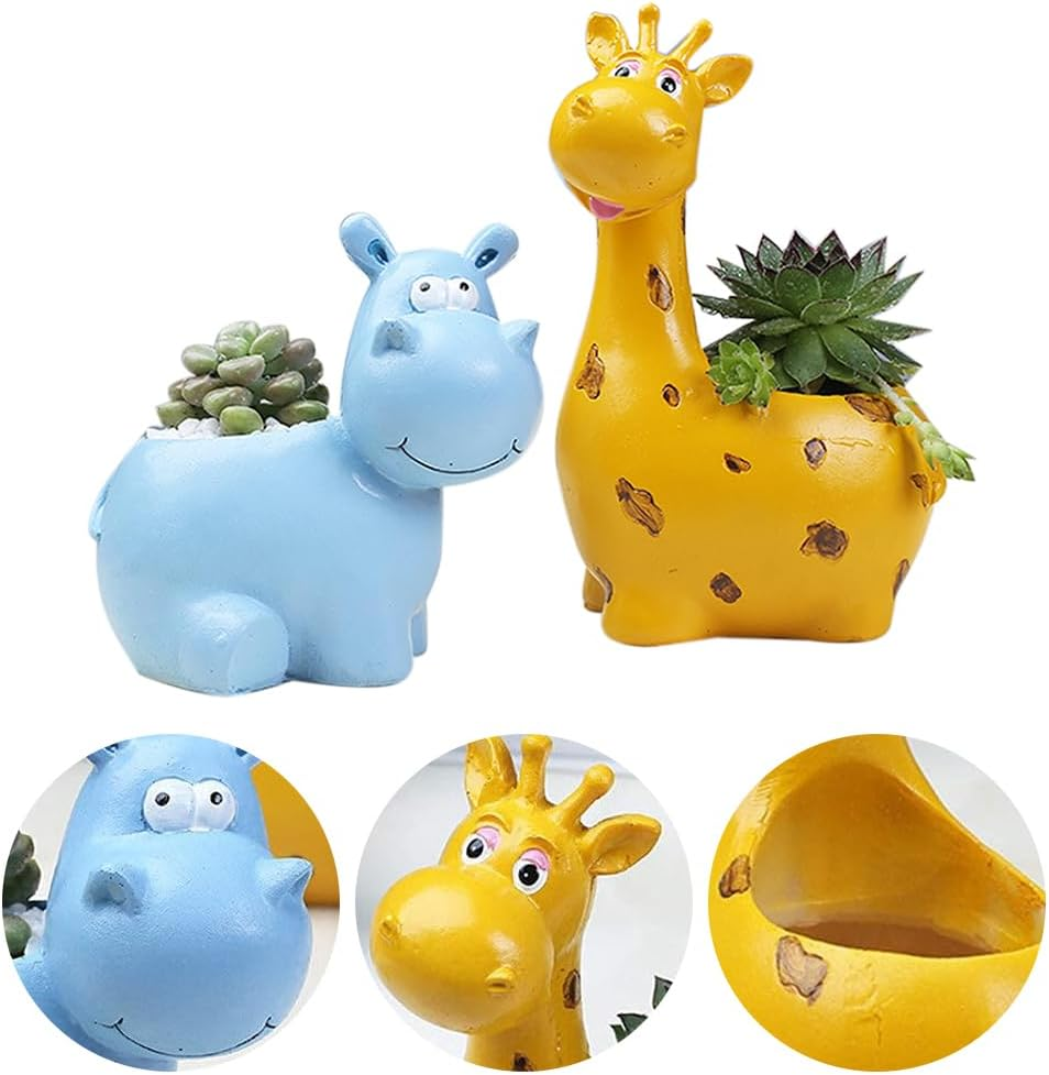 2 Pcs Animal Succulent Planter Pot with Drainage Hole, Giraffe Shape Small Succulent Pots, Hippo Resin Flower Pot, Mini Flower Planter Cartoon Planter, Cartoon Plant Containers image number 1