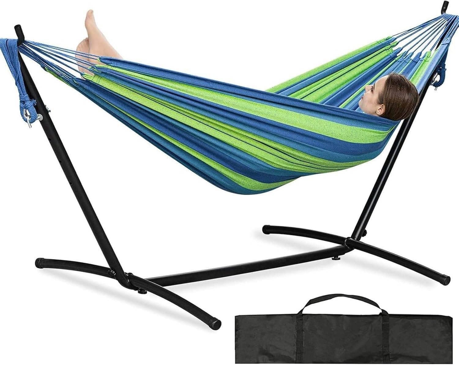 Double Hammock with Stand Heavy-Duty Space Saving Steel Stand outside Garden Yard Outdoor 600Lb Capacity Easy Assembly Hammocks and Portable Carrying Bag,Perfect for Indoor,Yard (Orange)