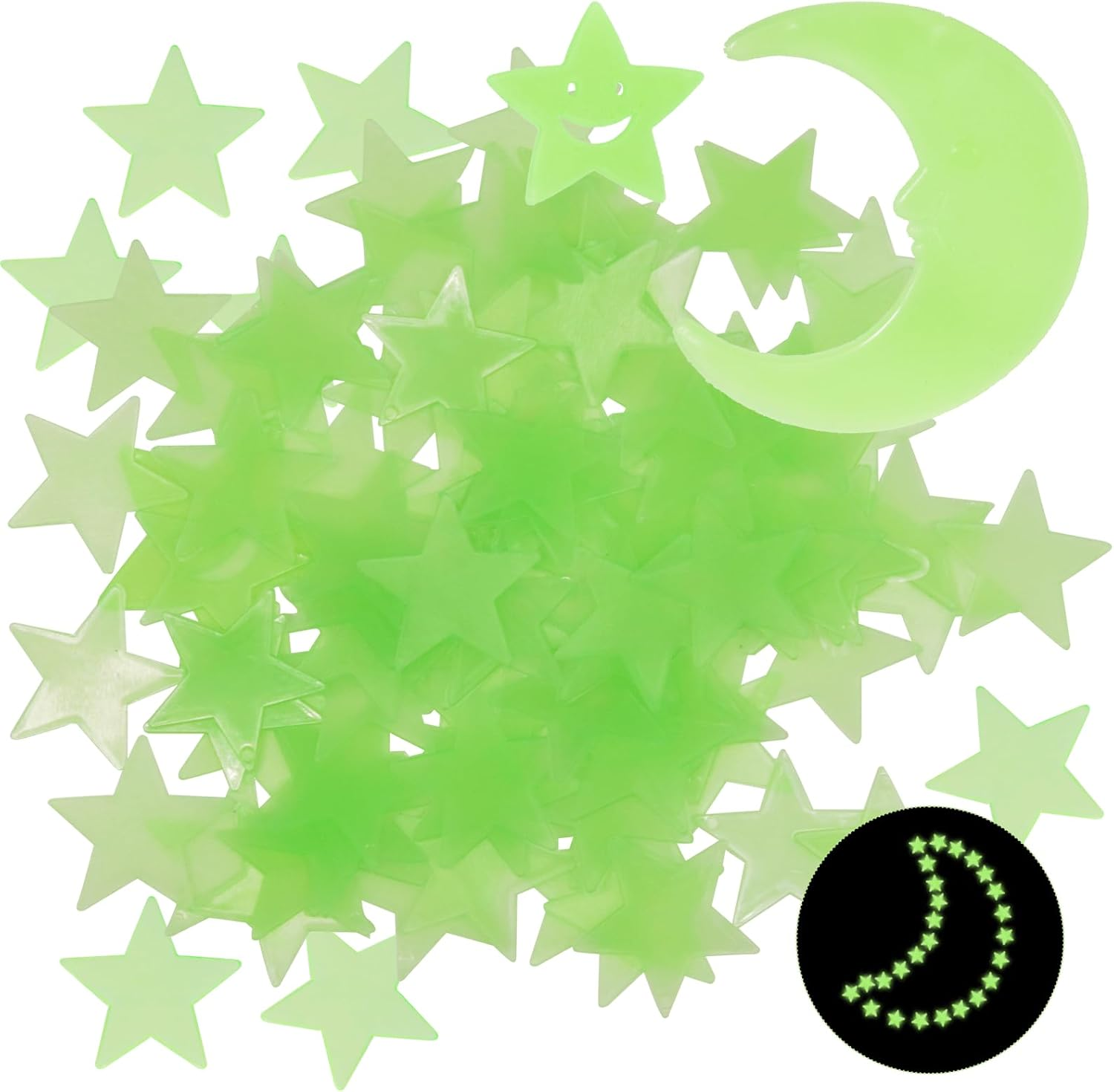 102 Pcs Glow in the Dark Star Stickers, Fluorescent Green 100 Stars 1 Moon 1 Smiling Star with Adhesive Tape, Ceiling & Wall Decals Decor for Kids Boys Nursery Bedroom Living Room image number 3