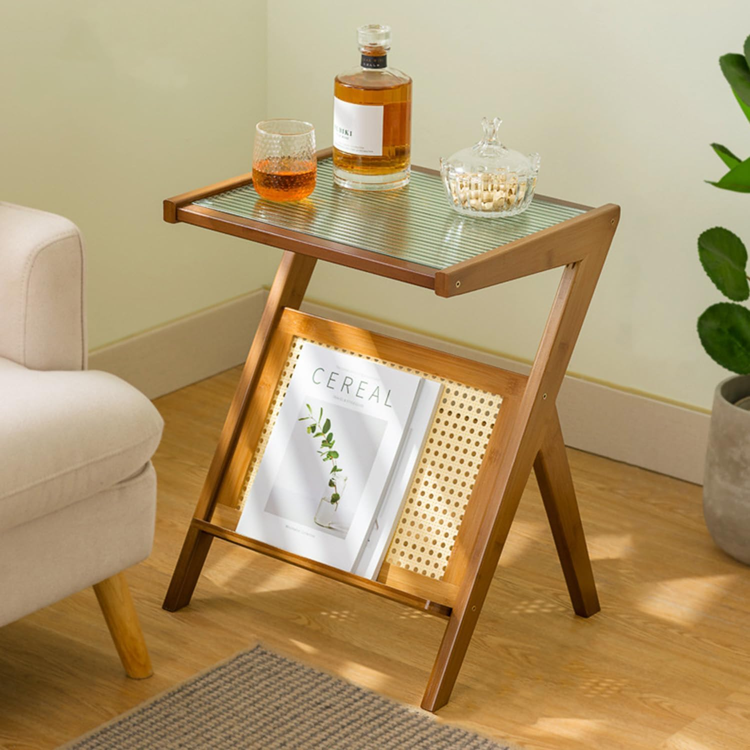 Bamworld Rattan Side Table - Boho Mid-Century Modern Nightstand with Glass Top and Storage, Bamboo Coffee Table and Record Player Stand for Living Room and Bedroom image number 3