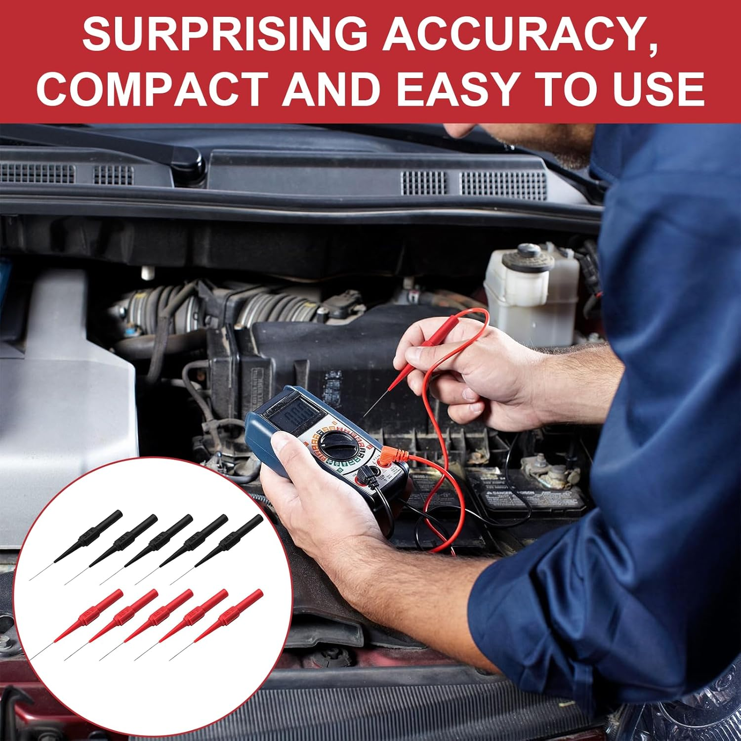 Back Probe Kit, 10 PCS Needle Test Probes, 0.7Mm Insulation Probe Pin, Wire Piercing Probes, 4Mm Banana Socket Connection for Car Electrical and Multimeter Testing(Black, Red) image number 1