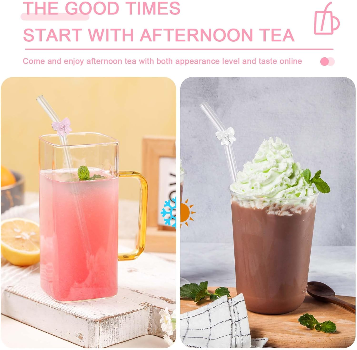 DUMING-IN 6 Pcs Reusable Glass Straws with 2 Cleaning Brushes, Cute Colorful Bow Glass Straws Shatter Resistant, Reusable Straw Dishwasher Safe for Juices, Smoothies, Milkshakes, Teas - Colorful image number 4