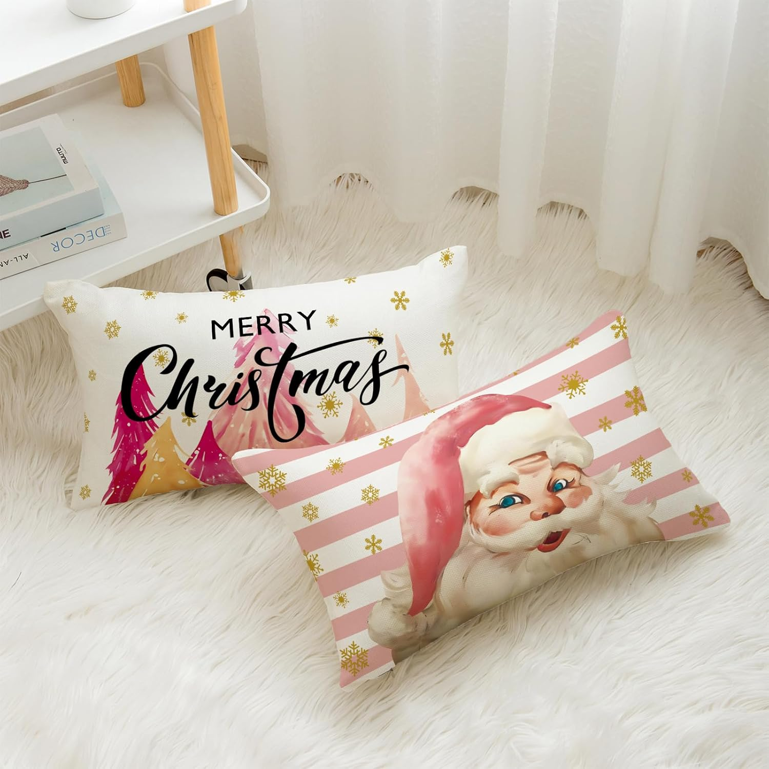 HOMFREEST Christmas Throw Pillow Covers 12X20 Inches Stripes Pink Santa Claus Pillowcases Xmas Decorative Cushion Cases for Couch Sofa Set of 2 image number 4