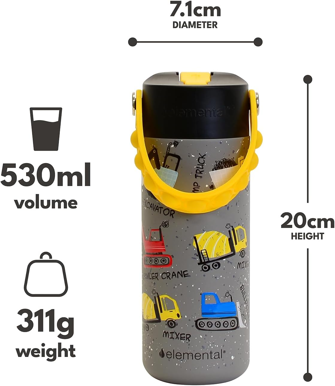 Elemental Insulated Kids Water Bottle, Stainless Steel Water Bottle with Straw Lid & Stress Reliever Pop-It Handle, Leak-Proof Water Bottles for School, Travelling and Sports, 530Ml - Construction image number 5