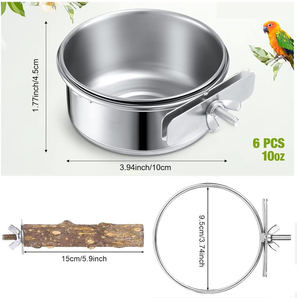Granmagazz Parrot Feeder, 4Pcspet Feeder, Bird Feeder for Cage, Parrot Feeding Cups Birds Food Dish 2 Pcs Perches,10X 4.5 Cm, Stainless Steel Parrot Feeders Water,For Parrot Parakeet Lovebird