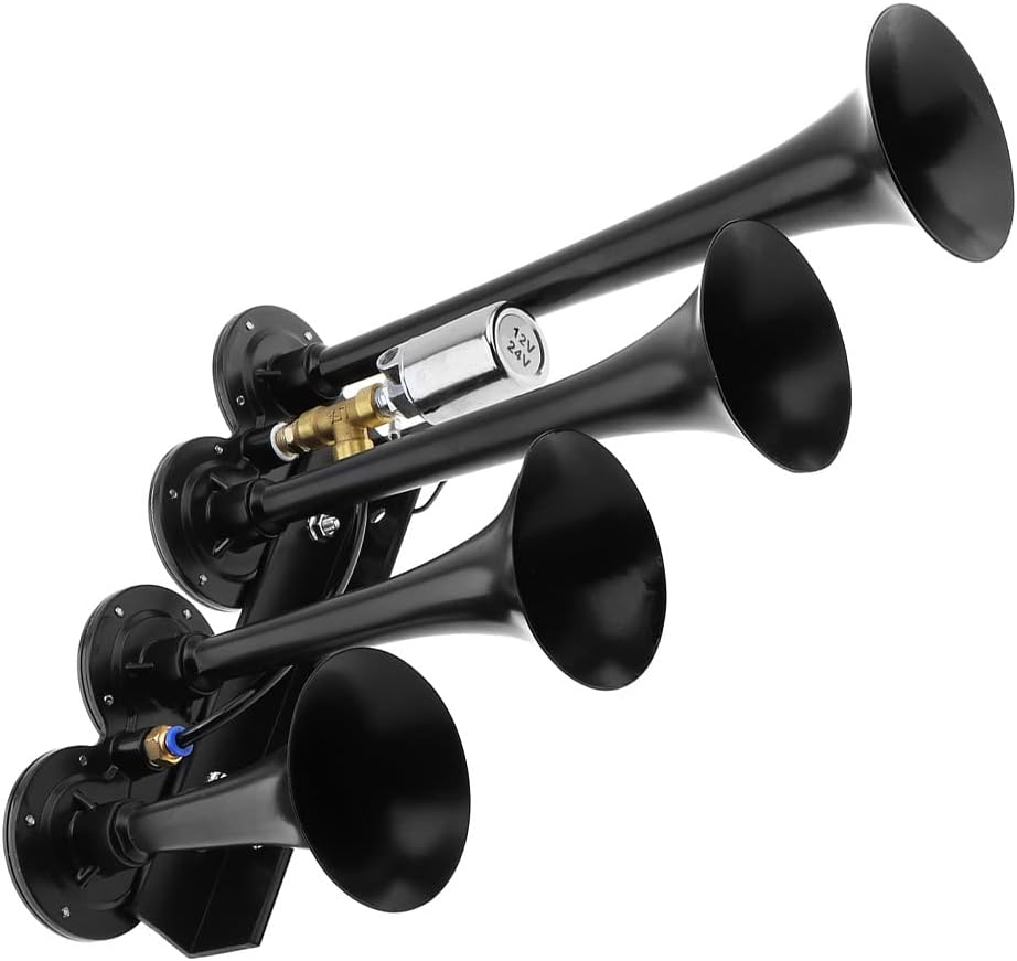 12V / 24V Truck Train Air Horn, 185Db Super Loud Four Trumpet Air Horn for Car Vehicle Truck Train Boat image number 3