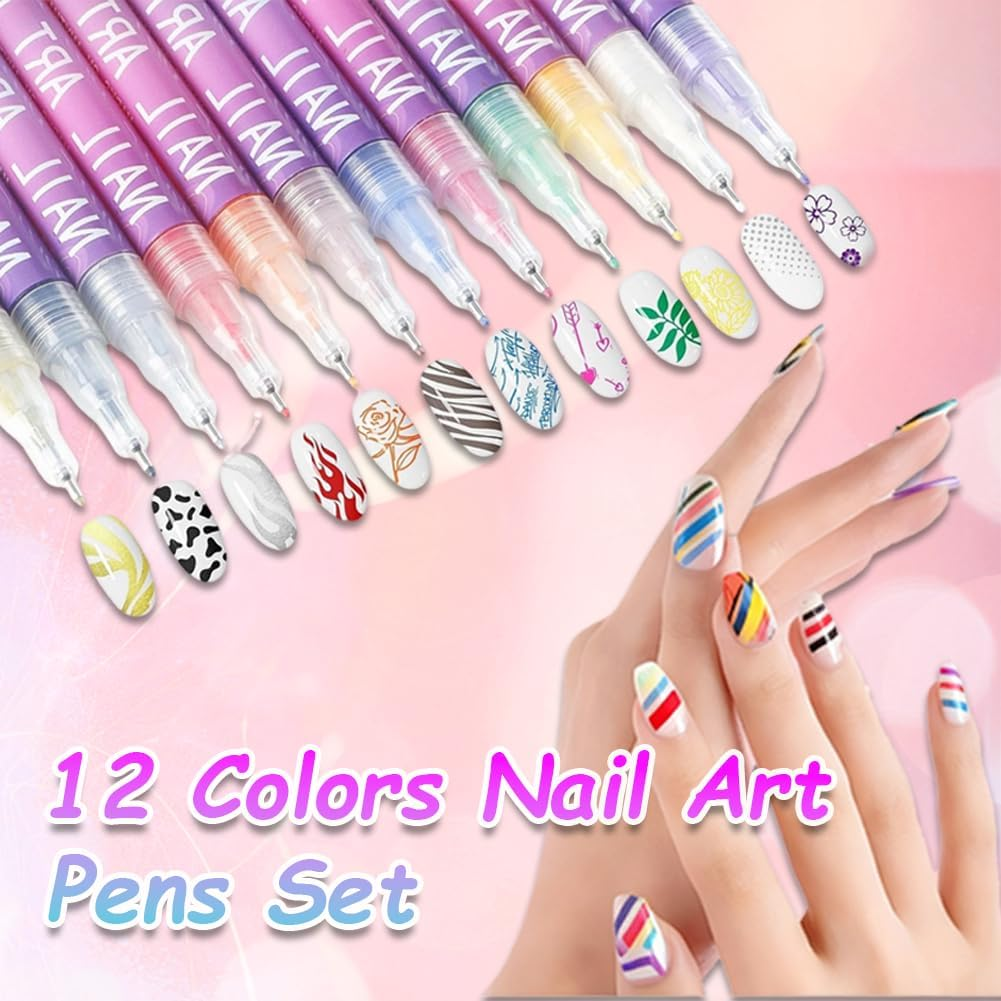 GOOTEGAX 12 Colors Nail Art Pens Set, 3D Nail Art Markers for Kids, Quickly Dry Nail Polish Pens, Nail Doodle Pens for Girls, Nailart Marker Set for Polishing, Dotting, Painting Liner Diy(4Pcs)