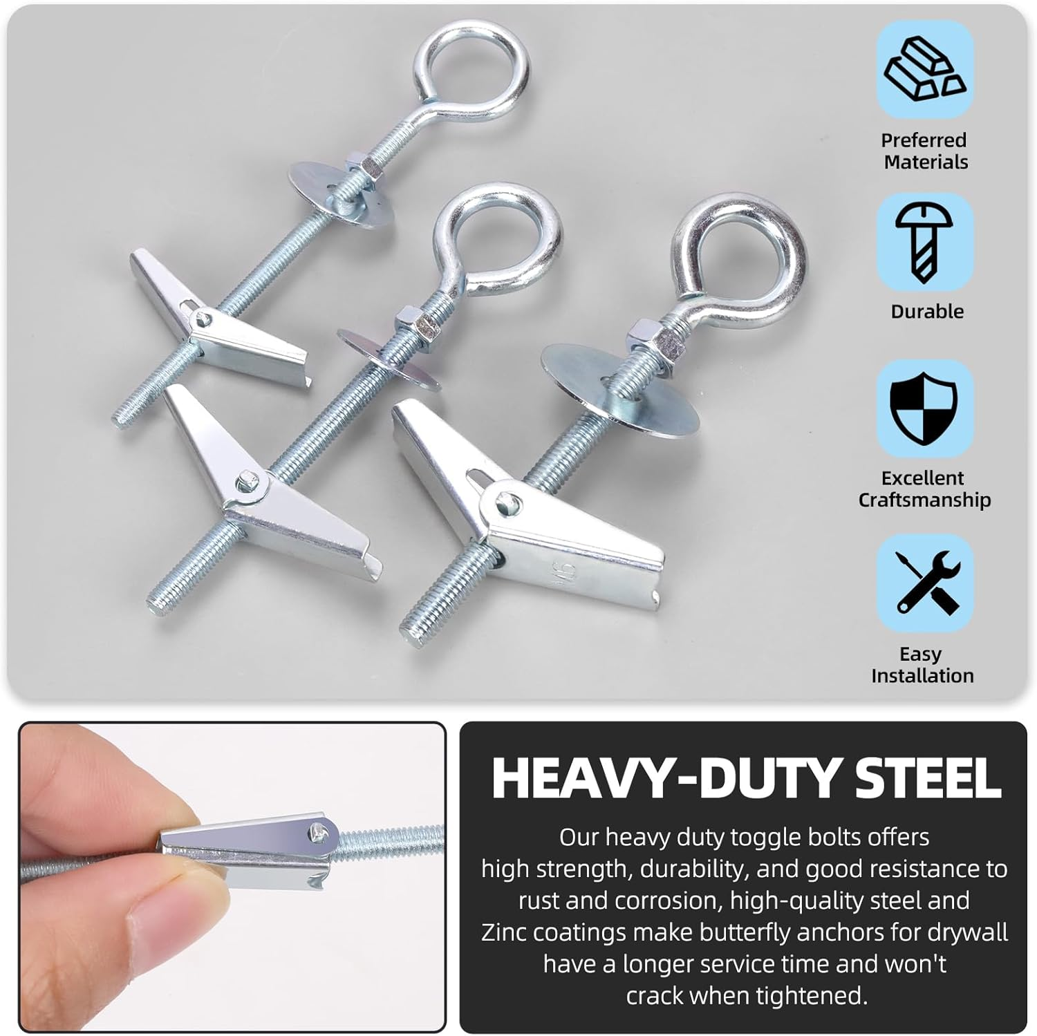 Glarks 18Pcs M4 M5 M6 O-Shaped Eye Bolt Toggle Anchors Set for Drywall, Toggle Bolts, Butterfly Anchors, Spring Toggle Wing Bolts for Ceiling, Sheetrock, Hollow Wall