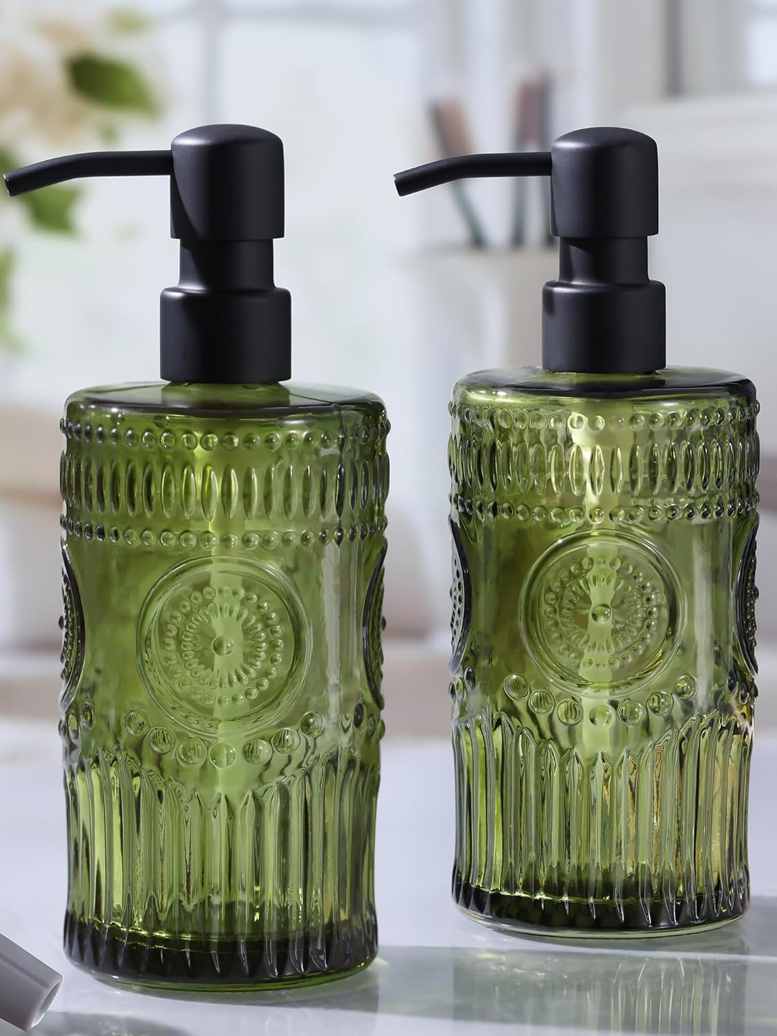 17 OZ Amber Glass Soap Dispenser with Black Stainless Steel Pump, Sunflower Embossed Glass Soap and Lotion Dispenser Set, Liquid Hand Soap Dispenser for Kitchen & Bathroom (2 Pack)