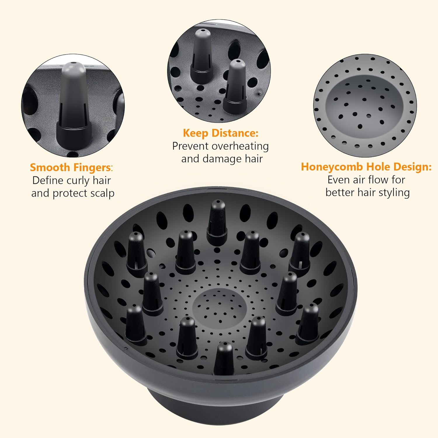 YUNAI Universal Hair Diffuser, Adjustable Attachment, Fits Most Kinds of Blow Dryer, Diameter 4.3Cm to 6.5Cm Prefer, Professional Salon Frizz-Free Fast Blow Drying Diffuser for Curly Hair.(Black) image number 4