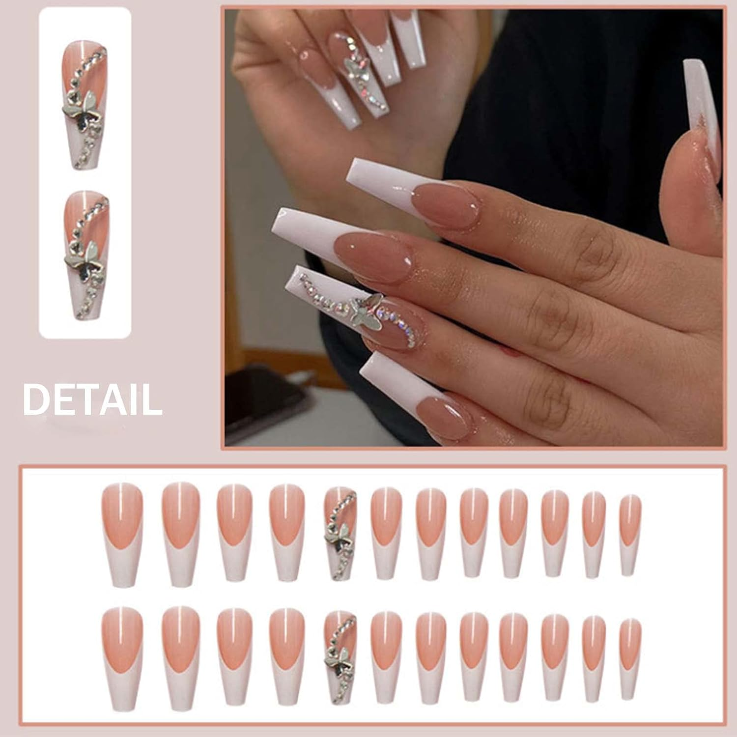 Kamize Press on Nails Coffin French Long Fake Nails Acrylic Full Cover V False Nails for Women and Girls (Long 5)
