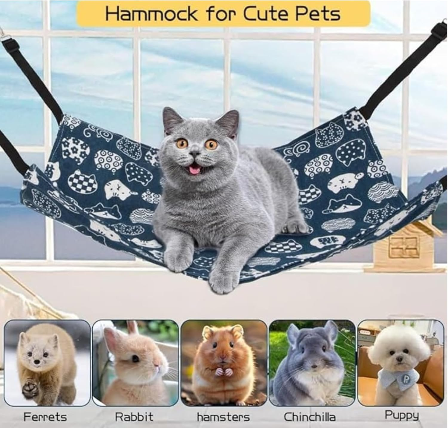 CKONXE Cat Hammock for Cage Hanging Reversible 2Pack, 35 X 50 Cm, Navy Cat Pattern,With Adjustable Straps and Metal Hooks，Soft Double-Sided Hammock Suitable for Cats, Puppy, Ferrets, and Small Animals image number 1