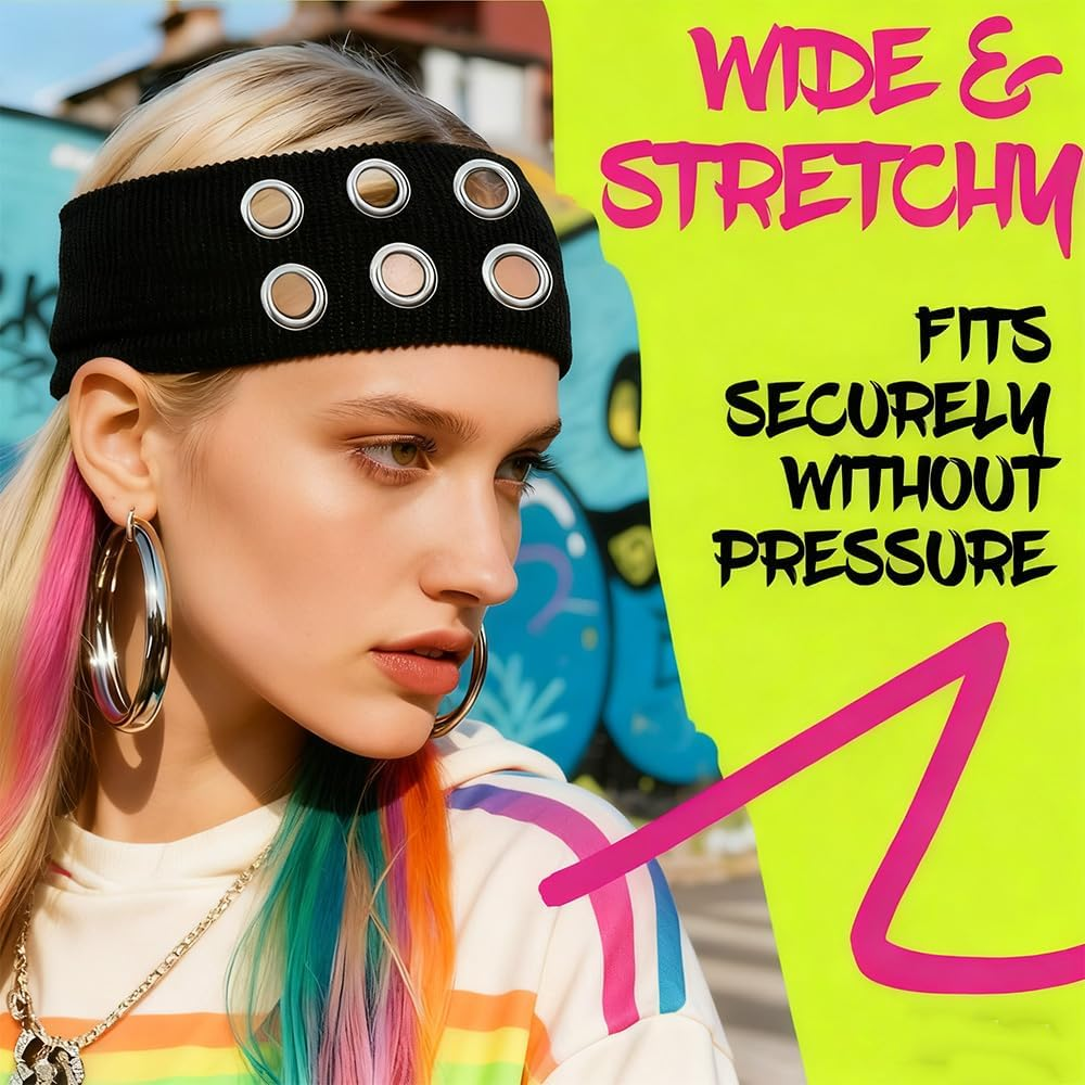 4PCS Women&rsquo;S Cutout Eyelet Elastic Headband Set &ndash; Y2K Wide Hairband for Punk, Rock, Boho Style (Black, Ocean Green, Camel, Wine Red) image number 5