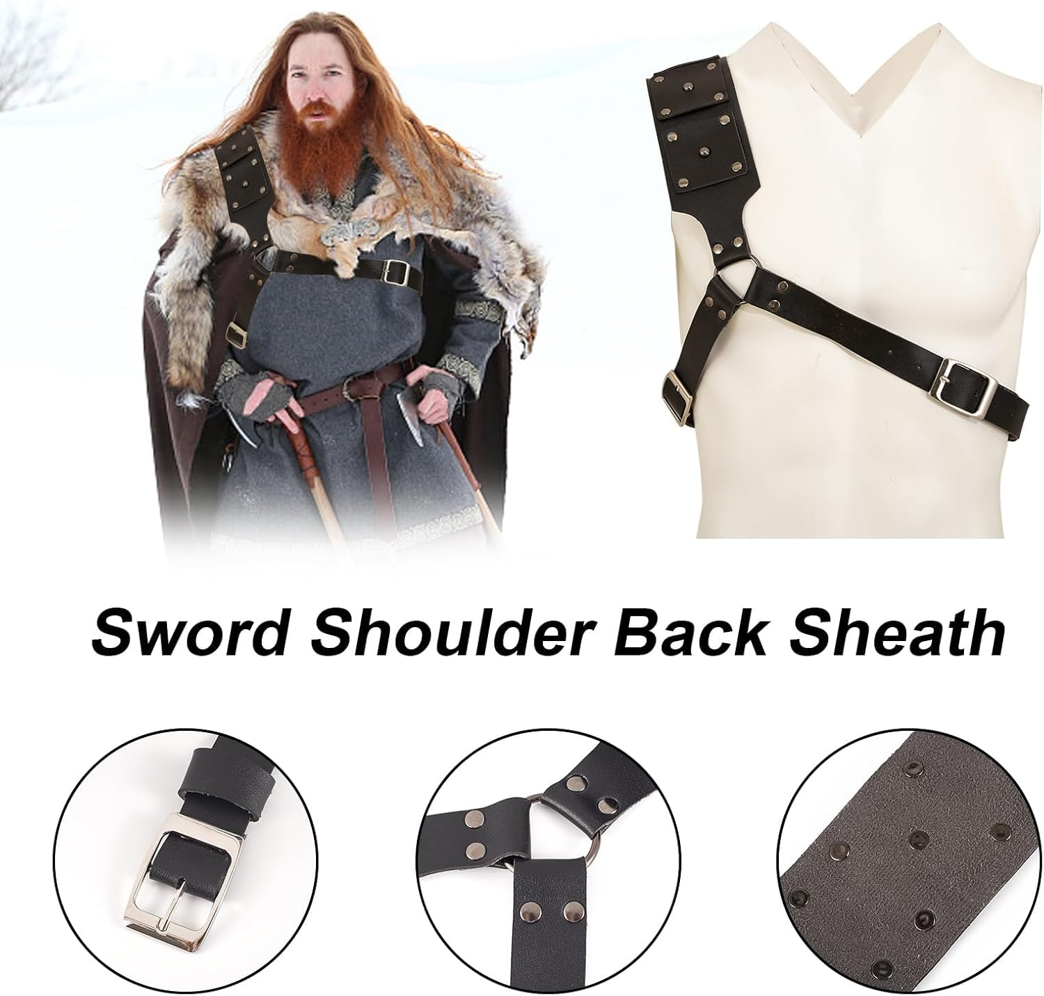 HDBHBH Medieval Sword Back Holster - Leather Shoulder Sheath for Viking Cosplay, Adjustable Sword Belt Frog Holder, Renaissance & Warrior Costume Accessory image number 4
