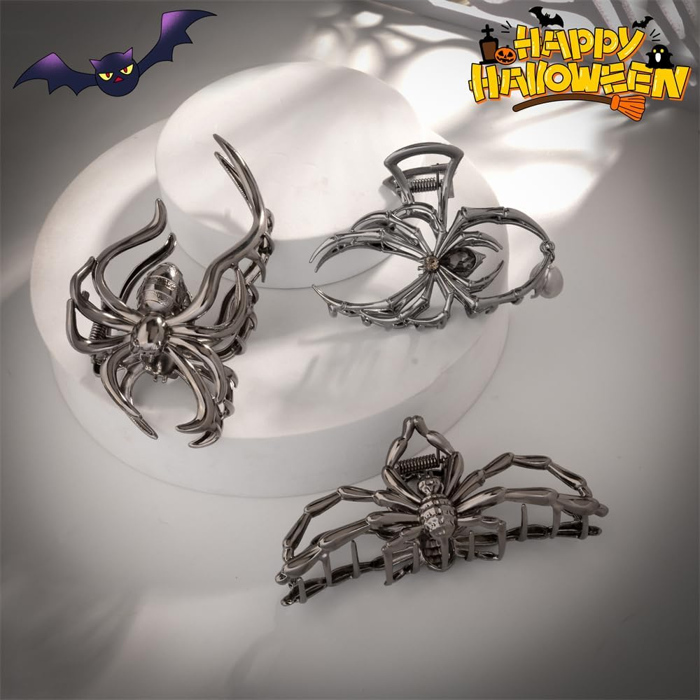 Rauimour Halloween 3PCS Spider Hair Claw Clips Hair Accessories for Women Girls, Gothic Black Metal with Pearl Charms Large Medium Size Catch Clips for Thick Hair Styling Tool Holiday Gifts(Black Gun) image number 6