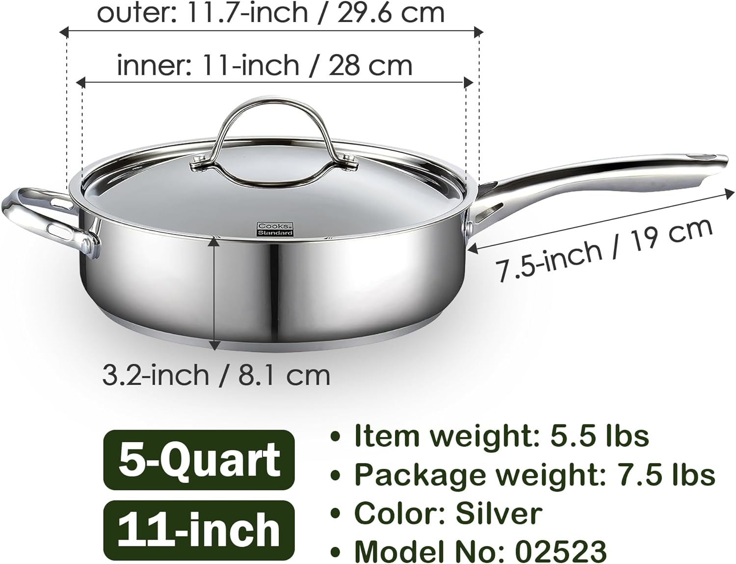 Cooks Standard Classic Stainless Steel Saute Pan 11-Inch, 5 Quart Induction Cookware Deep Frying Pan Cooking Skillet with Lid, Stay-Cool Handle