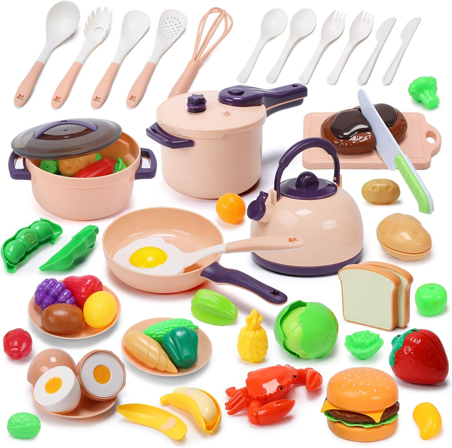 CUTE STONE 51-Piece Mini Play Kitchen Accessories for Kids, Pretend Cooking Playset with Pots, Pans, Utensils, Cutting Fun Fruits & Veggies, Learning Gift for Toddlers, Girls & Boys image number 6