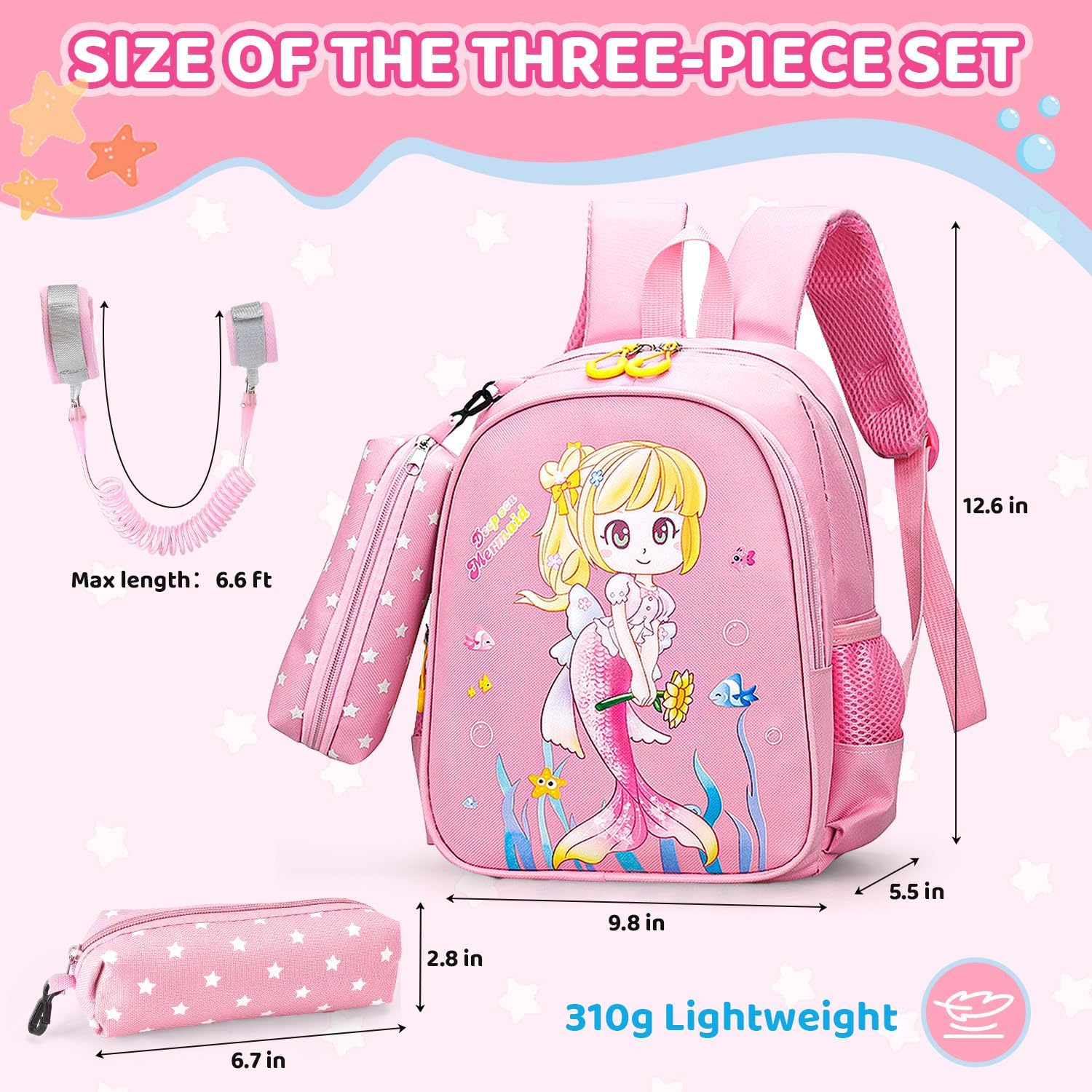 WOTOW Backpack for Kindergarten Kids, Girls Bag Large Capacity, Pencil Box, anti Lost Wrist Link for Toddler, Mermaid Preschool Girl Bag image number 4