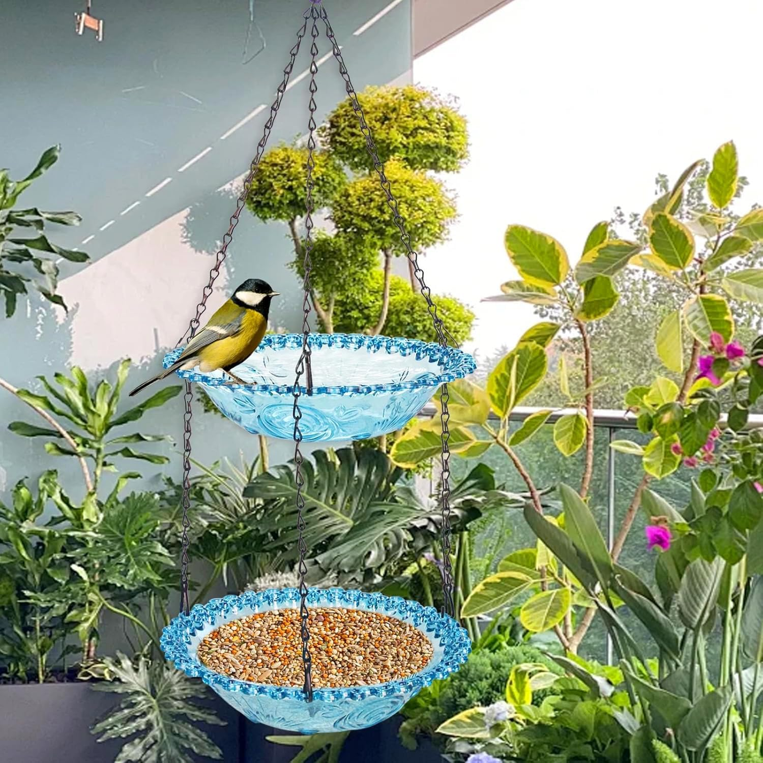 Hanging Bird Bath for Outdoor, 2-In-1 Bird Feeder&Birdbath Bowls, Backyard Birdbath Garden Decor, Feeder and Drinking for Wild Backyard Attracting Birds (Blue-Doulbe Bath) image number 3