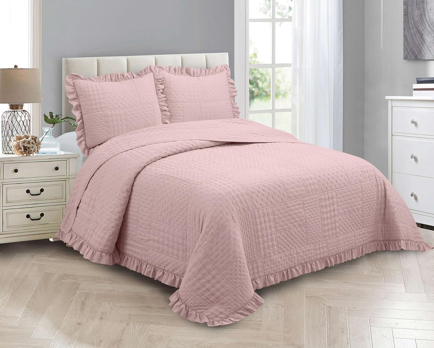 MK Collection Embossed Modern Ultasonic Quilted Oversized Coverlet Bedspread Set Solid Color New #Ruby (Pink, Full/Queen) image number 6