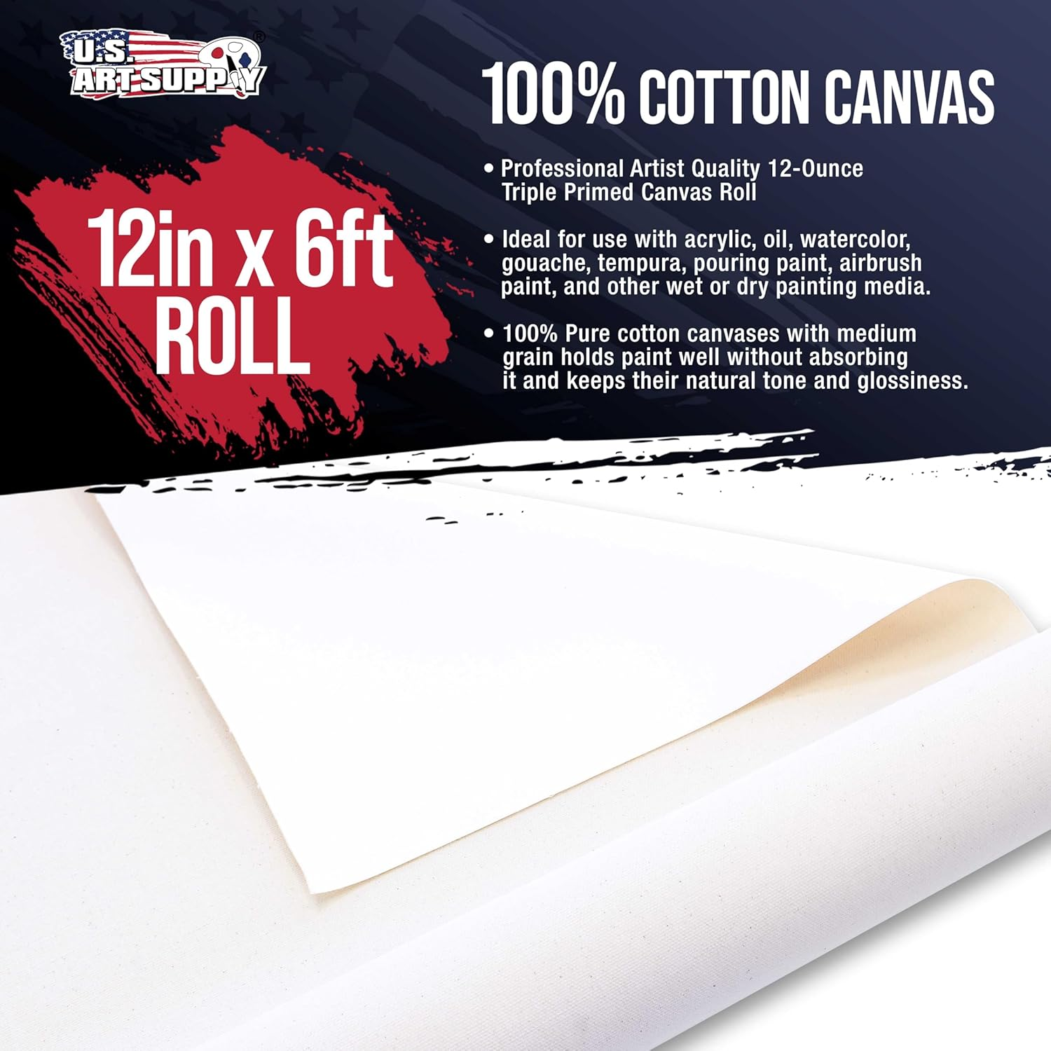 U.S. Art Supply 12" Wide X 2 Yards (6 Feet) Long Unstretched Canvas Roll - 100% Cotton, 12-Ounce Triple Primed Gesso, Acid-Free - Pro Artist Quality, Oil & Acrylic Painting, Murals - Cut to Frame Size image number 1
