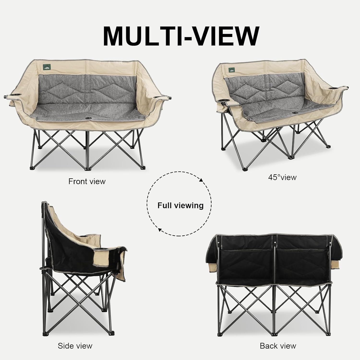 Northroad Folding Loveseat Camping Chair Portable Double Duo Full Padded Garden Chair for 2 Person Sofa W/ 2 Cup Holder,Wine Glass Holder,Mesh Storage,Support 600Lbs for Picnic Beach Travel (Beige) - Bluegrey image number 2