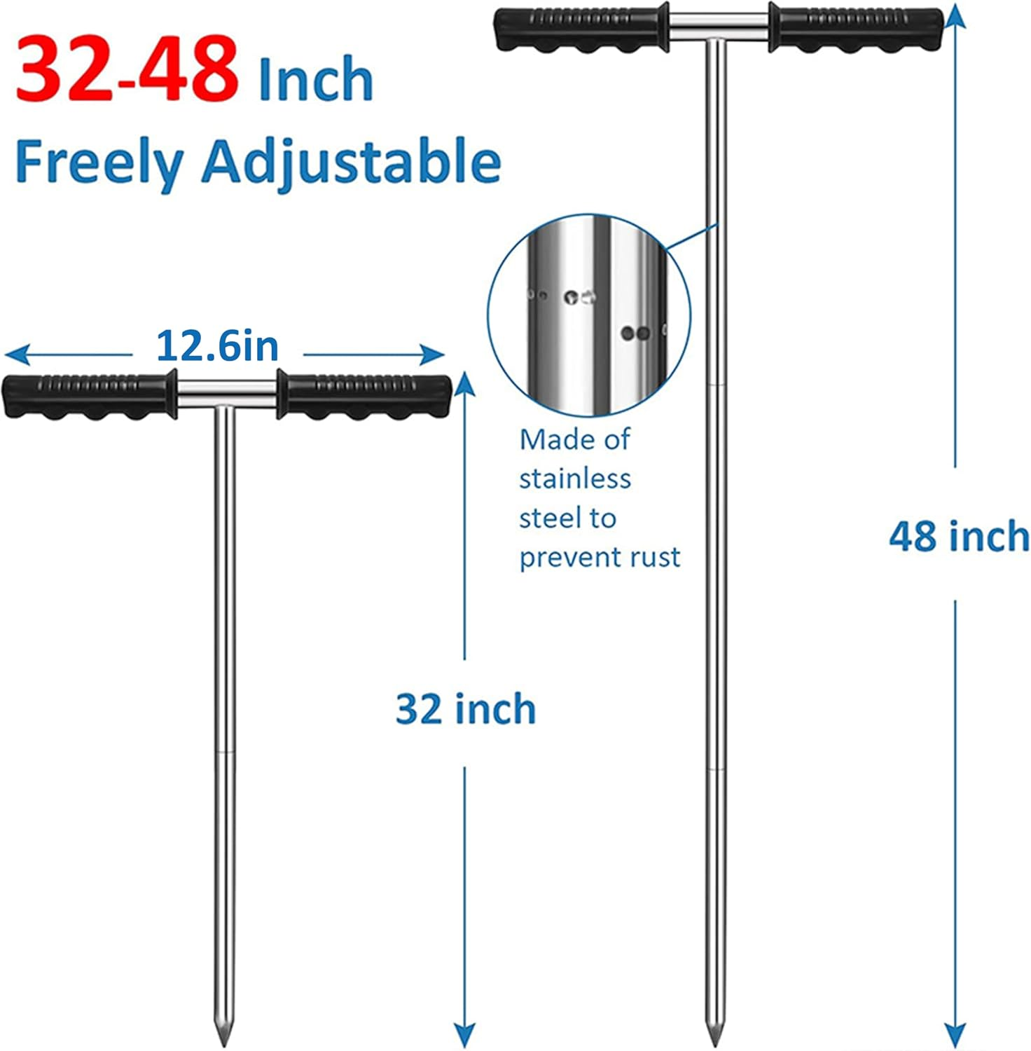 Soil Probe Rod with Gloves,Heavy-Duty Adjustable Soil Probe Rod (32"-48") - Stainless Steel Tank Locator with T-Handle | for Septic Pipes, Utility Lines & Rodent Runs