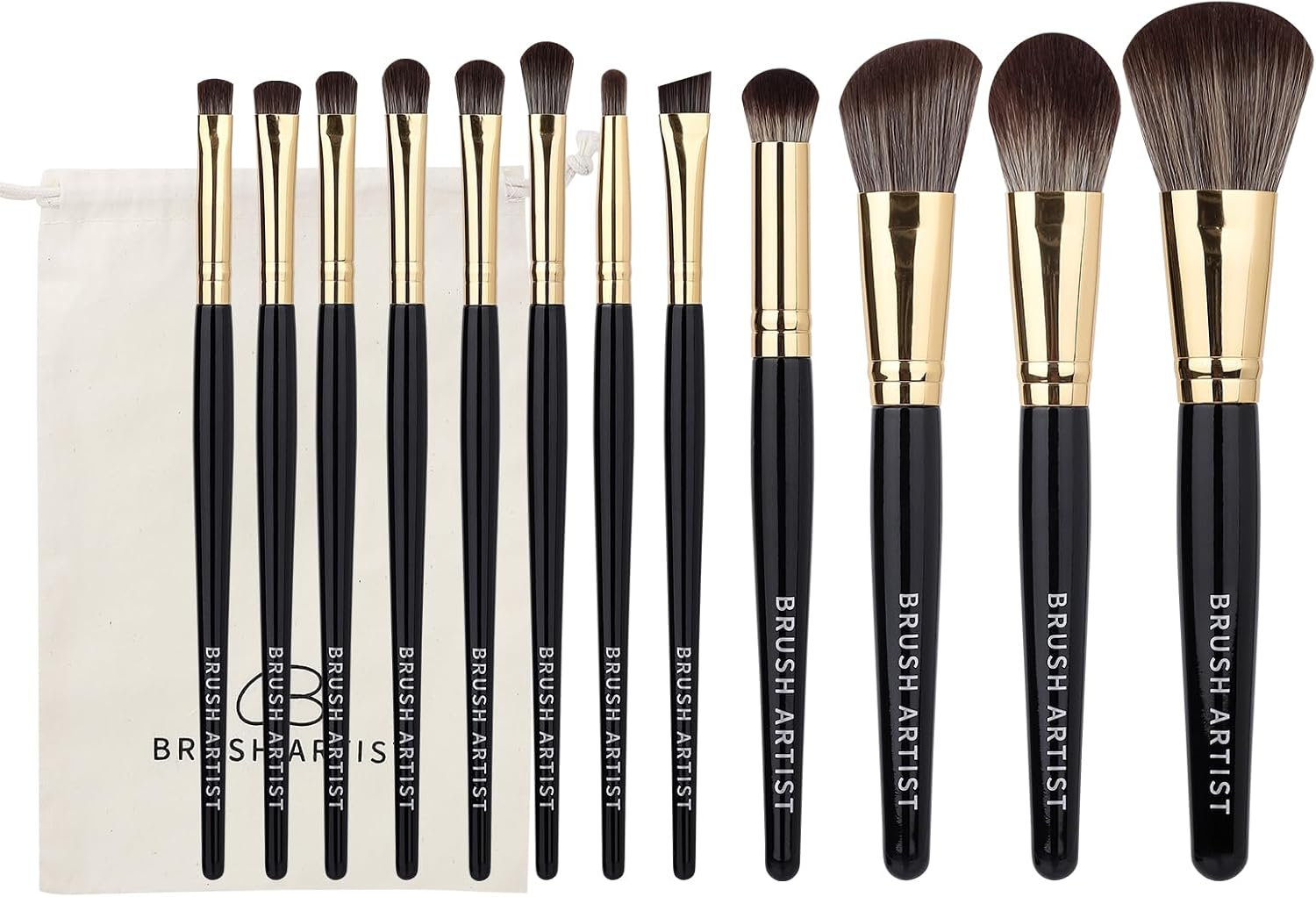 BRUSH ARTIST Black Golden Makeup Brush Set of 12Pcs with Cotton Bag, Foundation Sponge, Face Powder Brush, Contour Brush, Blush Brush, Eyeshadow Brushes, Concealer Brush,Premium Synthetic Fiber image number 1